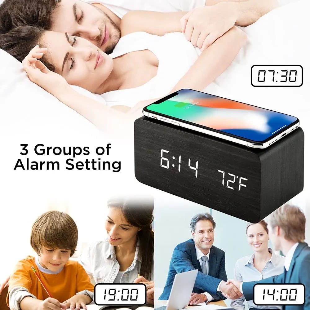 Wooden Phone Charger & Digital LED Alarm Clock in Black Wood