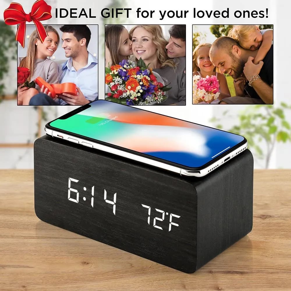 Wooden Phone Charger & Digital LED Alarm Clock in Black Wood