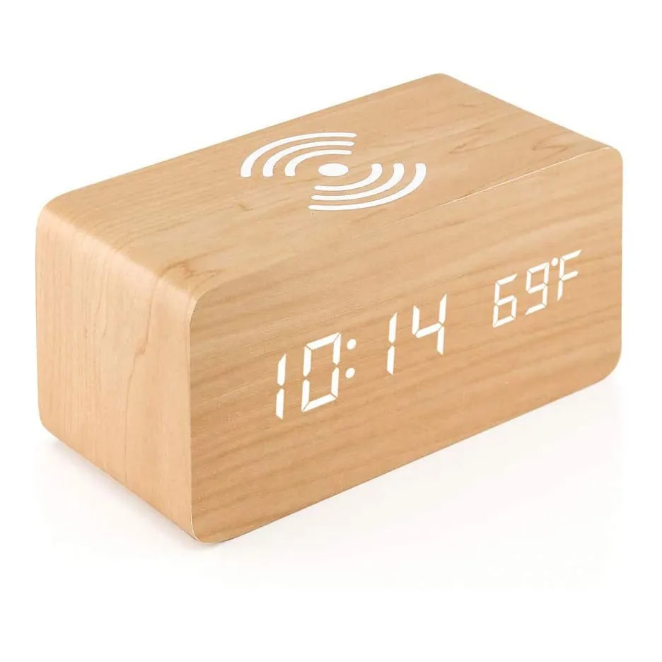 Wooden Phone Charger & Digital LED Alarm Clock in Light Wood
