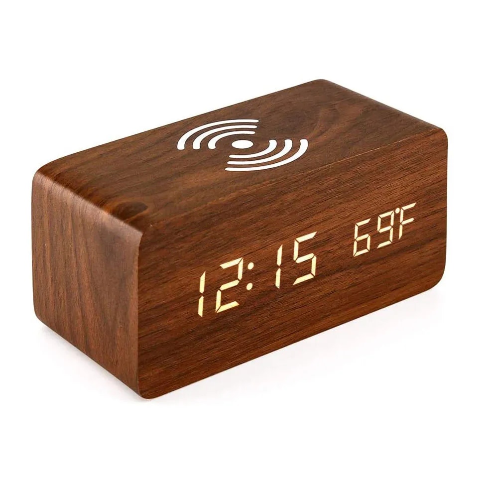 Wooden Phone Charger & Digital LED Alarm Clock in Dark Wood